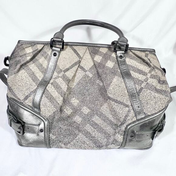Burberry Pilgrim Tote Shoulder Bag Metallic Grey Beige Canvas Check Shopping - Picture 7 of 16